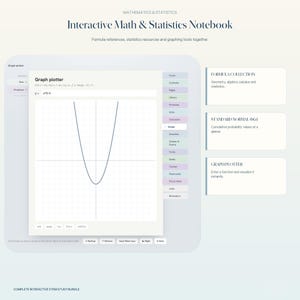 May include: An interactive digital math and statistics notebook interface featuring a graph plotter tool displaying a parabolic function. The layout includes a sidebar with navigation tabs, formula collections, standard normal distribution data, and graphing tools.