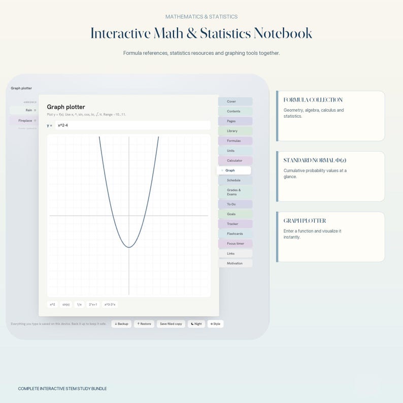 May include: An interactive digital math and statistics notebook interface featuring a graph plotter tool displaying a parabolic function. The layout includes a sidebar with navigation tabs, formula collections, standard normal distribution data, and graphing tools.