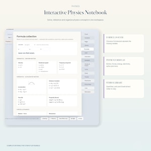 May include: An interactive digital physics notebook interface featuring a formula collection page with sections for kinematics, uniform motion, accelerated motion, and forces. The layout includes a sidebar with navigation tabs and three informational boxes labeled Formula Solver, Physics Formulas, and Symbol Library.