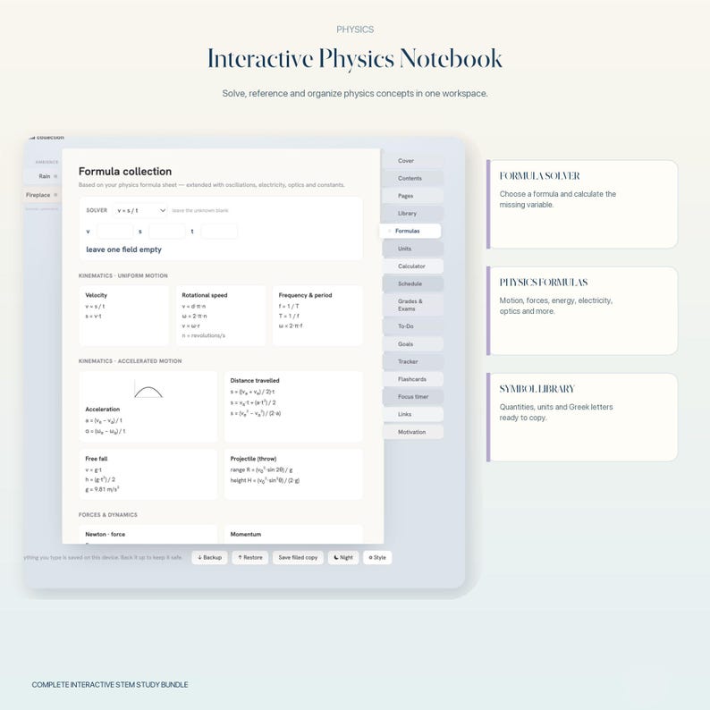 May include: An interactive digital physics notebook interface featuring a formula collection page with sections for kinematics, uniform motion, accelerated motion, and forces. The layout includes a sidebar with navigation tabs and three informational boxes labeled Formula Solver, Physics Formulas, and Symbol Library.