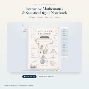 Könnte beinhalten: Ein interaktives digitales Notizbuch für Mathematik und Statistik mit einem Cover, das geometrische Diagramme, einen Zirkel, ein Lineal und verschiedene Diagramme zeigt. Die Benutzeroberfläche enthält eine Seitenleiste mit Navigationsreitern.