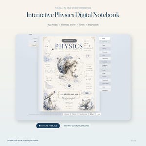 Interaktiv fysikanteckningsbok | Digital studieplanerare med formelblad, bildkort och timer | Mac och Windows | Direkt nedladdning