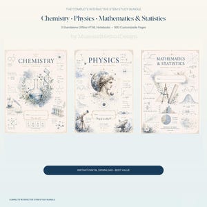 May include: A digital study bundle featuring three notebooks titled Chemistry, Physics, and Mathematics & Statistics. Each page displays scientific illustrations, diagrams, and formulas in blue ink on a cream background with space for a name.