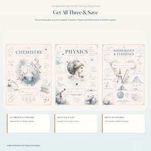 May include: A bundle of three study notebooks titled Chemistry, Physics, and Mathematics & Statistics. Each cover features scientific illustrations, diagrams, and formulas in blue and cream tones. Text includes Get All Three & Save, 3 Complete Notebooks, 900 Total Pages, Best Value Bundle, and Complete Interactive STEM Study Bundle.