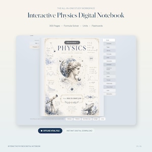 May include: An interactive digital physics notebook featuring a cover with a classical statue head, moon, telescope, and satellite dish illustrations. The text reads "PHYSICS" and "nice to meet you." Includes a sidebar menu with navigation tabs.