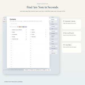 May include: A digital notebook interface titled Smart Navigation Find Any Note in Seconds. The screen displays a Contents page with a search bar, color-coded filters, and a list of physics topics. A sidebar shows navigation tabs for pages.
