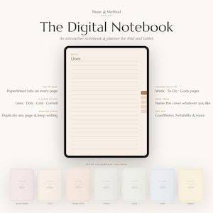 Könnte beinhalten: Ein digitales Notizbuch und Planer für Tablets mit dem Titel The Digital Notebook von Muse & Method. Es enthält linierte Seiten, Hyperlink-Registerkarten und vier Papierstile. Sieben Farbvarianten sind enthalten: dusty rose, clay, terracotta, stone, sage, mint und honey.