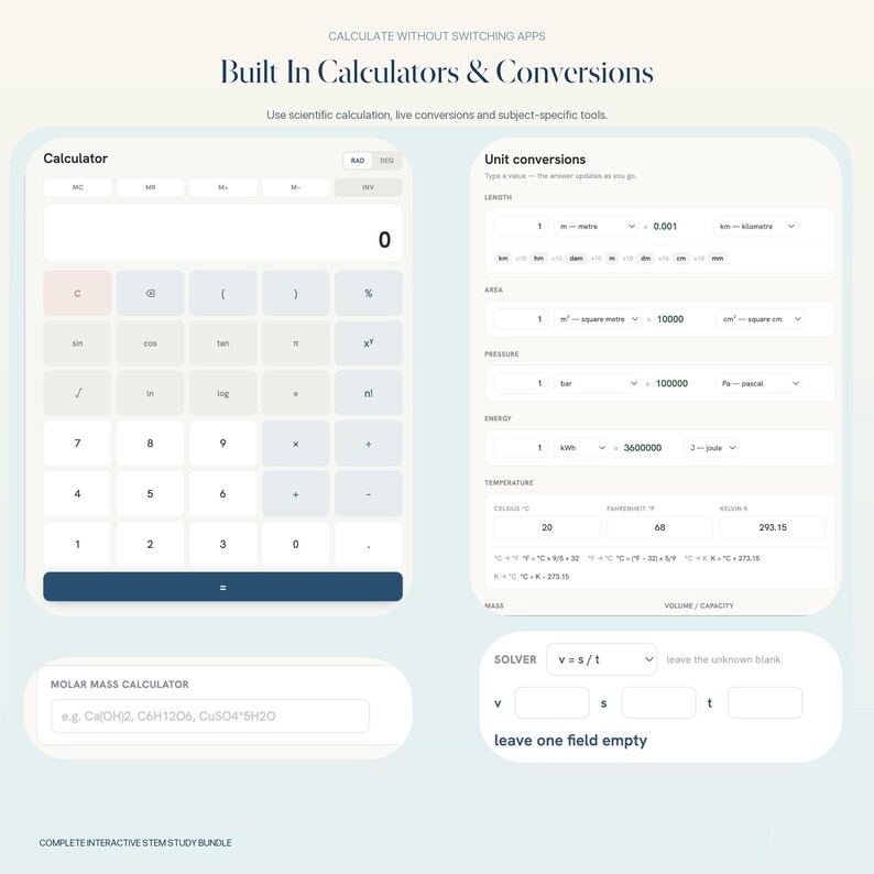 May include: A digital interface titled Built In Calculators & Conversions featuring a scientific calculator, unit conversion tools for length, area, pressure, energy, and temperature, a molar mass calculator, and a physics formula solver.