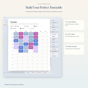 May include: A digital study planner interface titled Build Your Perfect Timetable, featuring a weekly schedule grid with color-coded subject blocks for Physics, English, Maths, Chemistry, and Biology, alongside navigation tabs and instructional text.