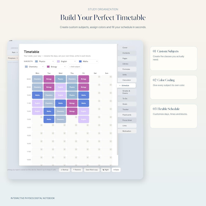 May include: A digital study planner interface titled Build Your Perfect Timetable, featuring a weekly schedule grid with color-coded subject blocks for Physics, English, Maths, Chemistry, and Biology, alongside navigation tabs and instructional text.