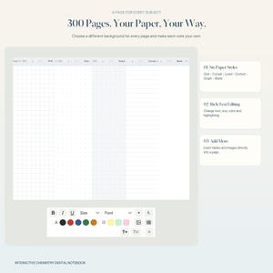 May include: A digital notebook interface featuring 300 pages with six paper styles including grid, Cornell, lined, dotted, graph, and blank. The display includes rich text editing tools, color options, and text that reads A PAGE FOR EVERY SUBJECT.