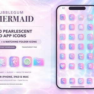 Könnte beinhalten: Ein digitales Set aus 80 perlmuttfarbenen 3D-App-Icons und 6 passenden Ordner-Icons mit dem Titel BUBBLEGUM MERMAID. Die Icons zeigen rosa und blaue Verläufe mit nautischen Motiven auf einem Smartphone-Bildschirm vor schimmerndem Hintergrund.
