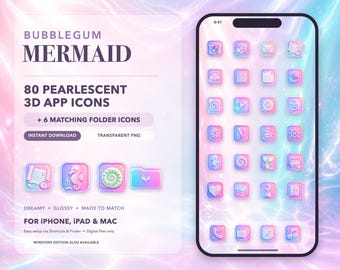 Bubblegum Mermaid App Icons, 80 Pastel 3D Icons + 6 Mac Folder Icons, iPhone iPad Mac Aesthetic Theme, Instant Download