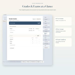 May include: A digital study organization interface titled Grades & Exams at a Glance. The screen displays a grade tracker with an overall average of 1.67, an exam countdown for physics, and a list of subjects including chemistry and English.