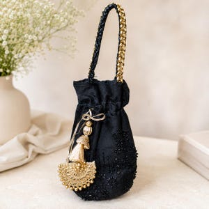 Black Beaded Potli Bag, Handmade Indian Evening Purse, Gold Tassel Bridal Clutch, Wedding Potli, Ethnic Party Bag, Gift for Her