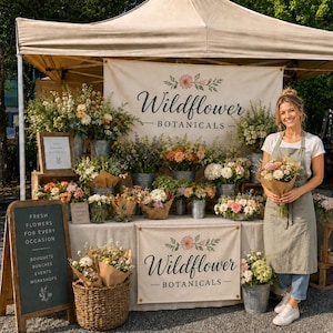May include: A market stall featuring a banner with the text Wildflower BOTANICALS, displaying various floral arrangements in metal buckets and a woven basket. A chalkboard sign reads Fresh Flowers For Every Occasion, Bouquets, Bunches, Events, Workshops.