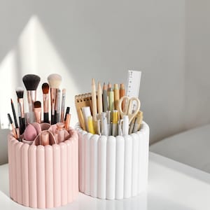 Rotating Makeup Brush & Pen Holder 7 Compartment Desk Organizer Removable Cosmetic Storage for Vanity Office Study