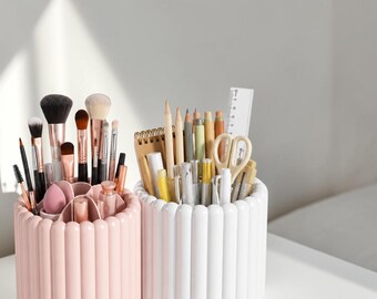 Portapennelli e penne girevole per il trucco, organizer da scrivania a 7 scomparti, contenitore cosmetico rimovibile per specchiera, ufficio e studio.