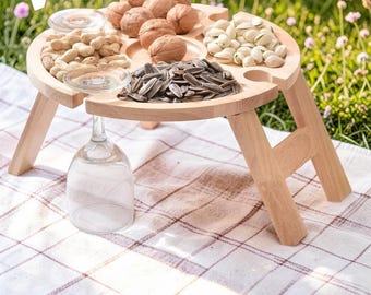 Portable Wooden Folding Picnic Table with Wine Glass Holder, Outdoor Snack Tray for Beach Camping Garden Patio Dining