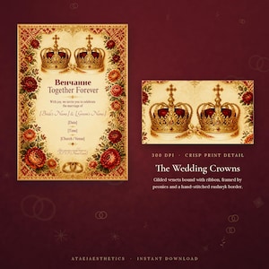 May include: A wedding invitation template featuring two golden crowns with red velvet inserts, surrounded by a floral border of red and orange peonies. The text includes "Венчание Together Forever" and placeholders for names, date, time, and venue.
