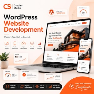 May include: A laptop and smartphone displaying WordPress website development services by Crucials Studio. The screens show business website designs, performance metrics of 98, and text including We Build Digital Experiences That Drive Real Results.