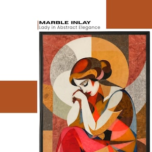 May include: A rectangular wall art piece featuring a marble inlay design titled MARBLE INLAY Lady in Abstract Elegance. The artwork depicts a stylized figure with closed eyes in shades of red, orange, brown, and cream, set within a black frame.