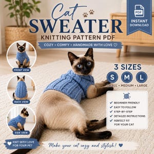 Breipatroon voor een kattentrui (PDF) | Gebreide kattentrui | Patroon voor dierenkleding | Breihandleiding voor beginners | Maten S, M & L | Direct downloaden