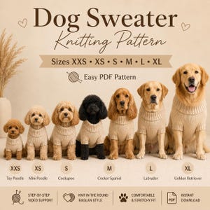 Peut inclure: Un patron de tricot numérique pour pull pour chien, avec le texte 'Dog Sweater Knitting Pattern' et 'Sizes XXS-XL'. Six chiens de races variées portent des pulls en tricot beige, étiquetés par taille et race, du caniche toy au golden retriever.