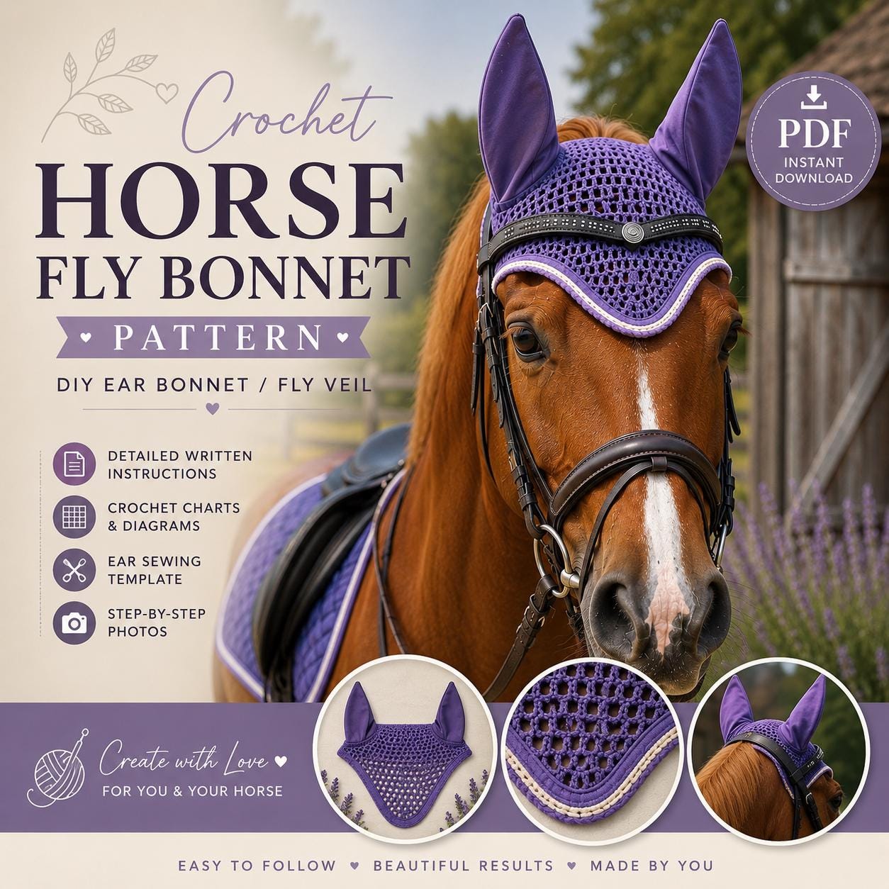 39 Crochet Bonnet Patterns with Pixie, Bella, and Bunny Styles 19 Horse Fly Bonnet DIY Ear Bonnet Equestrian Fly Veil