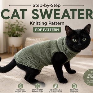 May include: A black cat wearing a sage green knitted sweater with a ribbed turtleneck collar. The image includes text: Step-by-Step CAT SWEATER Knitting Pattern PDF PATTERN, and a circular badge stating WARM & COZY for Your Cat or Small Pet.
