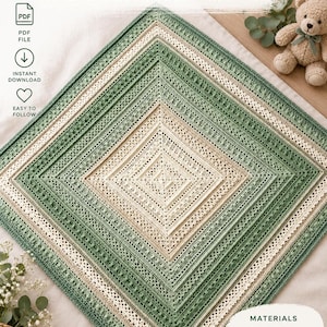 May include: A square crochet baby blanket pattern featuring a diamond-shaped design in alternating shades of sage green and cream. The digital PDF includes detailed instructions, a 3mm hook requirement, and a finished size of 90 x 90 cm.