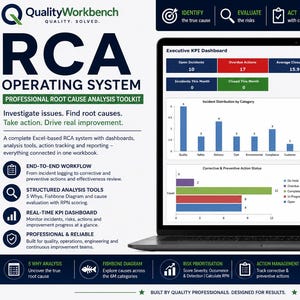 May include: A laptop screen displaying an Executive KPI Dashboard for a Root Cause Analysis operating system. The interface features bar charts, data tables, and performance metrics. Text includes QualityWorkbench, RCA Operating System, and Professional Root Cause Analysis Toolkit, with icons for workflow, analysis tools, and reporting.