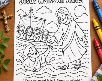 Ausmalbild „Jesus geht auf dem Wasser“ für Kinder, Bibelgeschichte Matthäus 14,27, Wunder von Petrus und Jesus, druckbares PDF für den Sonntagsschulunterricht, CCD