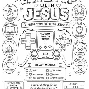 May include: A black and white coloring page featuring a video game controller graphic with the text LEVEL UP WITH JESUS. The design includes circular icons with religious themes, a mission checklist, a trophy, and the Bible verse Philippians 4:13.
