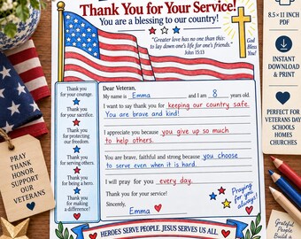 Veterans Day Thank You Letter for Kids | Christian Veterans Day Worksheet | Patriotic Coloring and Writing Activity | Printable PDF