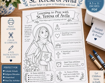 Werkblad met gebeden tot Sint Teresa van Avila voor kinderen | Katholieke heiligenactiviteit | Feestdag in oktober | CCD godsdienstles (printbaar)