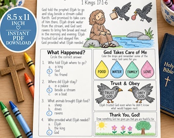 Arbeitsblatt für Kinder: „Elia und die Raben“, Bibelaktivität zu 1. Könige 17, Sonntagsschullektion „Gott sorgt für uns“, Katechismusunterricht, christlich-katholisches PDF zum Ausdrucken
