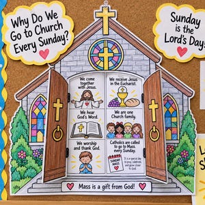 May include: A colourful paper craft of a church with opening doors. The text reads Why Do We Go to Church Every Sunday?, Sunday is the Lord's Day!, and Mass is a gift from God!. Inside are illustrations of Jesus, the Eucharist, a Bible, and children.
