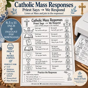 Può includere: Una guida stampabile in bianco e nero per le risposte alla messa cattolica su carta da 21,59 x 27,94 cm. Il documento presenta una tabella con il dialogo tra sacerdote e fedeli, illustrazioni di simboli religiosi e una sezione di pratica.