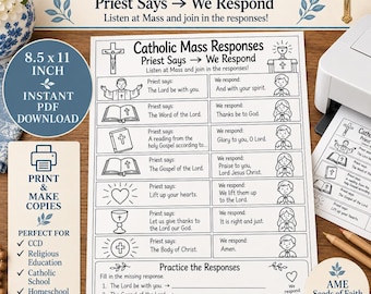 Catholic Mass Responses Worksheet for Kids | Priest Says We Respond | Mass Practice CCD Religious Education Printable PDF