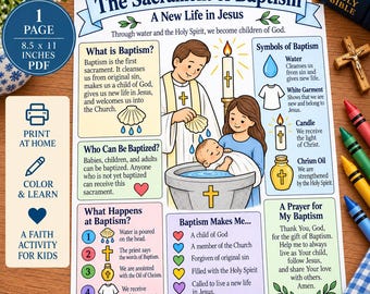 Catholic Baptism Worksheet for Kids | Sacrament of Baptism Coloring Page | Catholic Religious Education | CCD Printable PDF