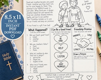 David and Jonathan Bible Worksheet for Kids, 1 Samuel 18-20 Friendship Activity, Sunday School Christian Catholic Printable Coloring PDF