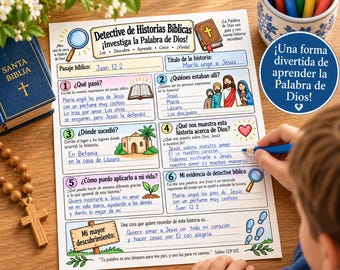 Spanish Bible Story Worksheet for Kids | Detective de Historias Bíblicas | Catholic Bible Study Activity | Sunday School Printable PDF