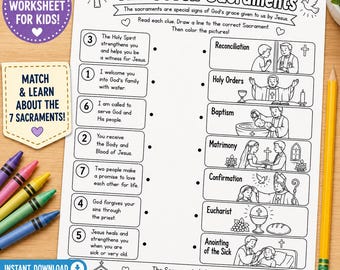 Scheda didattica cattolica sui sette sacramenti per bambini, attività di abbinamento e colorazione cattolica, catechismo, materiale stampabile per l'homeschooling cattolico.