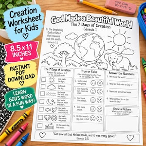 May include: A black and white printable worksheet titled God Made a Beautiful World, featuring the 7 Days of Creation, Genesis 1. The 8.5x11 inch page includes illustrations of the earth, sun, and animals, with sections for numbering, true or false, and questions.