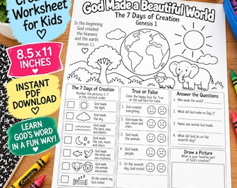 Creation Worksheet for Kids, 7 Days of Creation Bible Activity, Genesis 1 Coloring Page, Sunday School Christian Printable PDF