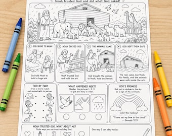 Noah's Ark Worksheet for Kids, Noah Obeys God Bible Activity, Genesis 6-9 Sunday School, Christian Coloring Printable, CCD