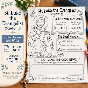 May include: A black and white printable activity sheet titled St. Luke the Evangelist October 18, featuring a line drawing of Saint Luke with a quill, a book, and an ox, alongside educational text, fill-in-the-blank boxes, and a drawing space.
