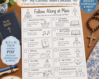 Catholic Mass Worksheet for Kids | Follow Along at Mass Checklist | Parts of the Mass Activity | Catholic Kids Printable PDF