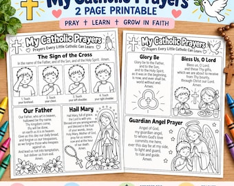 Katholieke gebeden voor kinderen (printbaar) | Werkblad met katholieke gebeden (2 pagina's) | Onze Vader, Wees gegroet Maria, Eer aan de Vader | Activiteit voor godsdienstlessen (CCD)